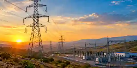 Immagine illustrativa di tralicci elettrici e di una sottostazione al tramonto.