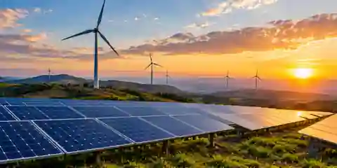 Immagine illustrativa di pannelli solari e turbine eoliche in un paesaggio di energia rinnovabile.